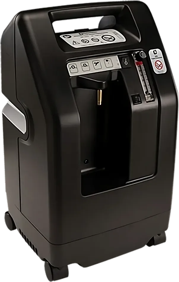 Concentrador de oxígeno DeVilbiss 525DS, gabinete negro vertical con asa superior, panel de controles, flujómetro de columna y ruedas